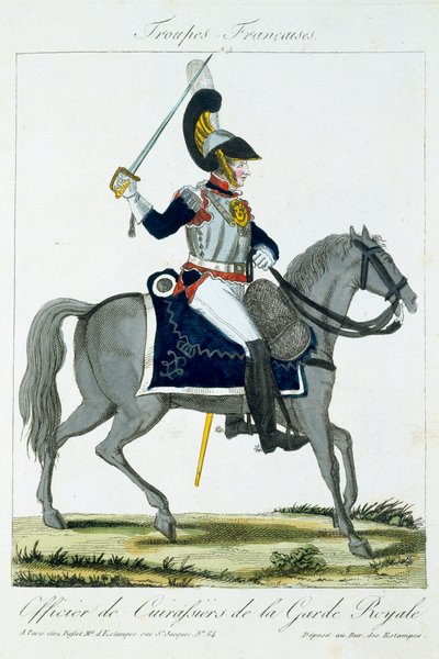Mounted Officer of the Cuirassiers of the Royal Guard, from Troupes Francaises, pub. chez Basset, Paris, c.1790 by French School
