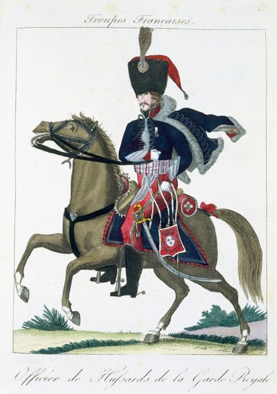 Mounted officer of the Hussars of the Royal Guard, from Troupes Francaises, pub. chez Basset, Paris, c.1790 by French School