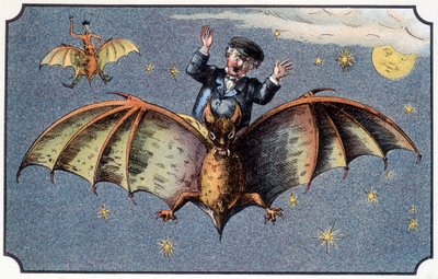 Mr. Baboulifiche riding a bat in space - in Journey in the Moon by French School