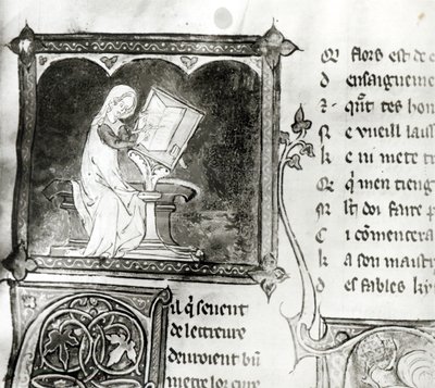 Marie de France (fl.12th Century) Writing, from an Anthology of French Poems, c.1280-90 (detail) by French School