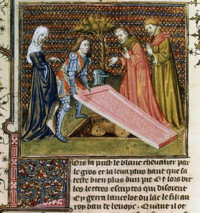 Lancelot lifts the stone off his own predestined grave and learns his name and parentage, from the Livre de Messire Lancelot du Lac by French School