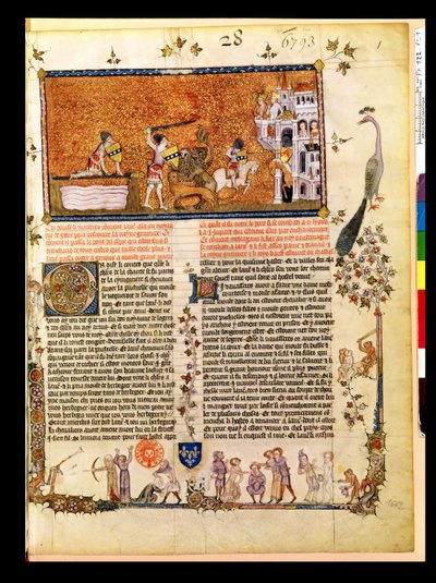 Sir Lancelot crosses the Sword Bridge, from the Roman de Lancelot du Lac, 1344 by French School