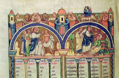 Canon of the Evangelists, detail depicting Christ healing the man with dropsy and casting out demons from a possessed man, from a Latin Bible by French School