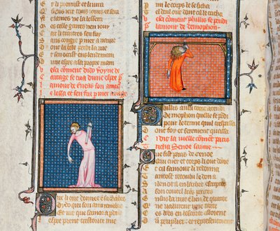 The Suicide of Dido by the sword and the suicide of Phyllis by hanging, from Le Roman de la Rose by Guillaume de Loris and Jean de Meung, c.1360-70 by French School