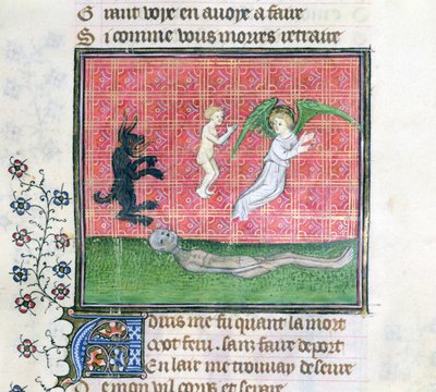 Soul leaving the body accompanied by an angel, miniature from Le Livre des Proprietes des Choses by Barthelemy l