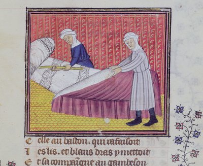 Chastity and Poverty making a bed, from Le Roman des Trois Pelerinages by Guillaume de Digulleville by French School