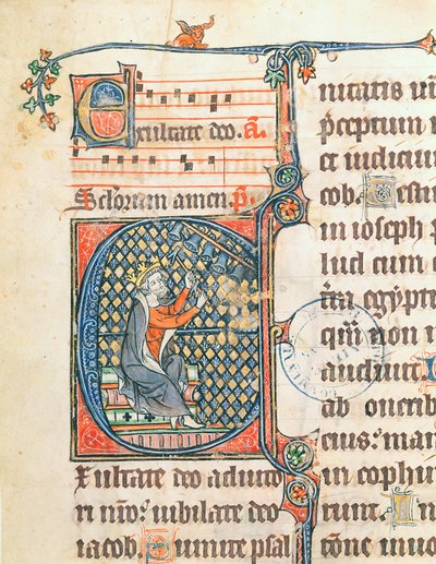 Historiated initial depicting King David playing a carillon, illustration from a psalter by French School