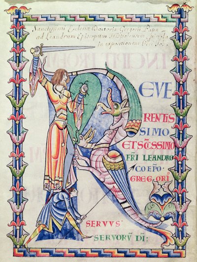 Historiated Initial R Depicting a Knight Fighting a Dragon, from Moralia in Job by Pope Gregory the Great by French School
