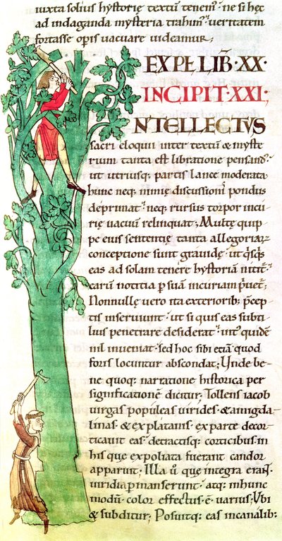 Historiated initial I depicting a monk and a lay chopping and pruning a tree, from Moralia in Job by Pope Gregory the Great by French School