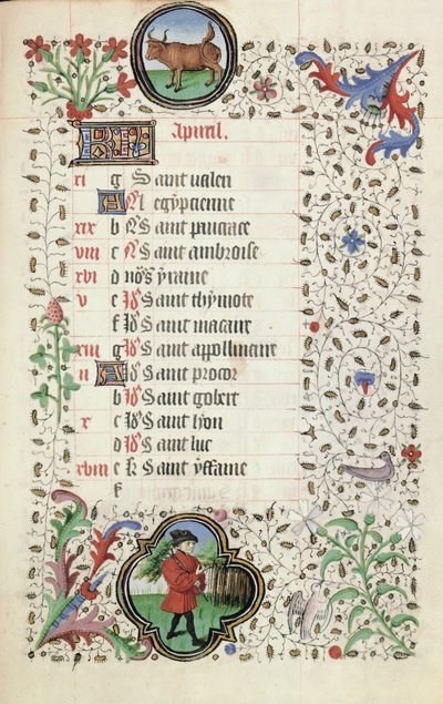 April: Taurus and a Man Carrying a Branch, from a Book of Hours by French School