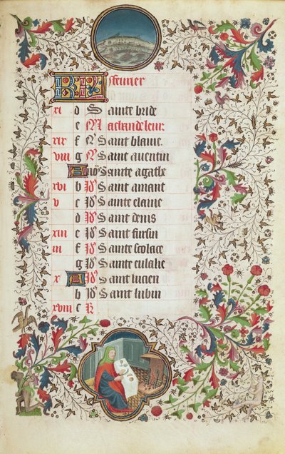 February: Pisces and a Man Feasting, from a Book of Hours by French School