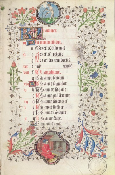 January: Aquarius and a Man Warming Himself at a Hearth, from a Book of Hours by French School