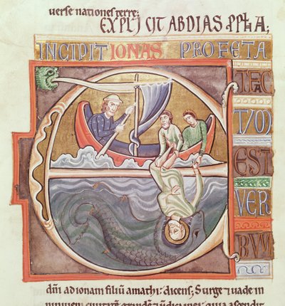 Historiated initial E depicting Jonah Thrown into the Sea, from the Souvigny Bible, late 12th century by French School