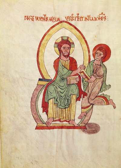 Saint John running to receive the Gospel from Christ, seated within a mandorla, miniature from the Gospel of Saint-Michel-de-Cuxa, c.1070-1130 by French School