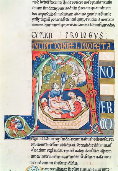Historiated initial A depicting Daniel in the Lions Den, from the Souvigny Bible by French School