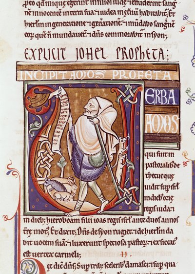 Ms 1 fol.194v Historiated initial V depicting Amos, from the Souvigny Bible by French School