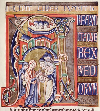 Historiated initial depicting Judith with the head of Holofernes, from the Souvigny Bible by French School