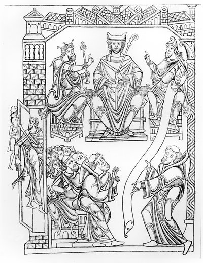 Cartulary of Mont Saint-Michel: Duke Richard II of Normandy making a gift of lands and privileges to the monastery of Mont St. Michel, (engraving after a drawing of the 1150s) by French School