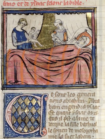 The Birth of the twins Jacob and Esau, miniature from the Bible Historiale of Guiart des Moulins by French School