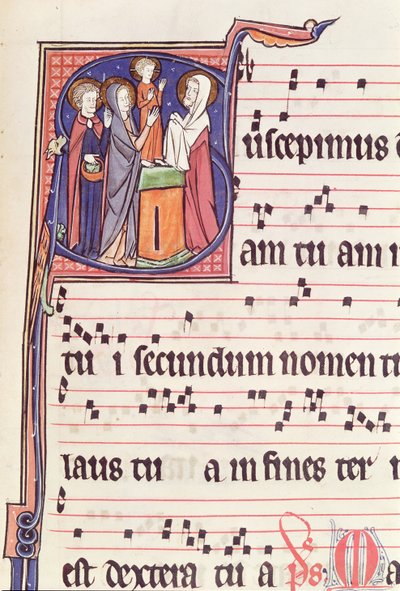 Historiated Initial S Depicting The Presentation of Jesus at the Temple, from the Antiphonal for the Consecration of the Abbey Church of Vauclair, 1257 by French School