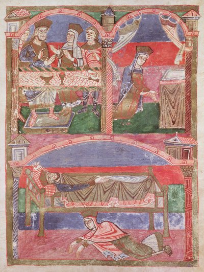 St. Radegund at the table of Clothar I, in her oratory and at the feet of the royal bed, from the Life of St. Radegund by French School
