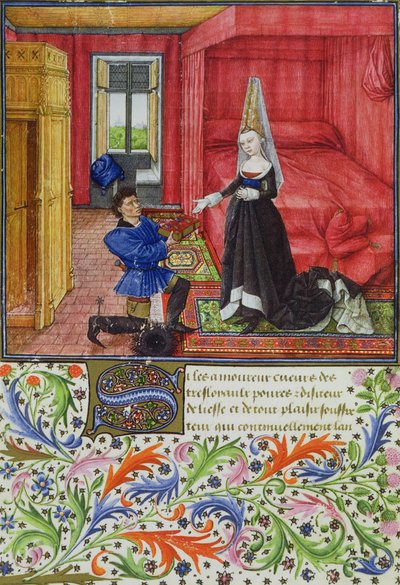 The scribe dedicating La Teseida to an unknown young woman, from La Teseida, by Giovanni Boccaccio by French School