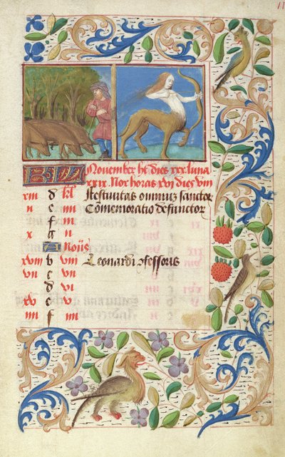 Calendar for the month of November, from the Heures de Notre Dame by French School