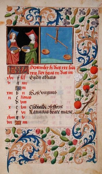 Ms 2697 Calendar for the Month of September, from the 