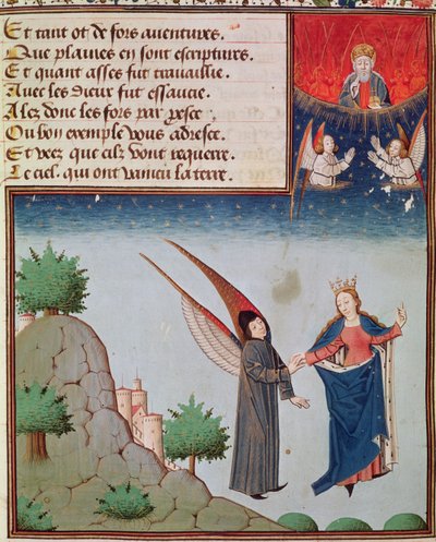 Lady Philosophy leads Boethius in flight into the sky on the wings that she has given him; God the Father looks on in blessing by French School