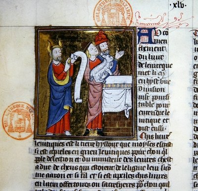 Moses offers the Passover Lamb, miniature from the Bible Historiale of Guyart des Moulins by French School