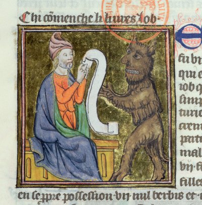 The Temptation of Job by the devil, miniature from the Bible Historiale of Guyart des Moulins by French School