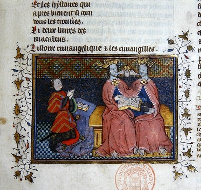 The Trinity and the kneeling figure of donor, miniature from the Bible Historiale of Guyart des Moulins by French School