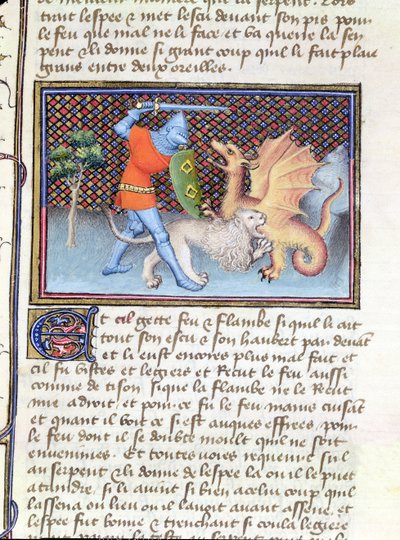 Yvain, the Knight with the Lion, fighting a dragon, miniature from Roman de Lancelot by French School