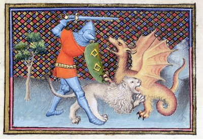 Yvain, the Knight with the Lion, fighting a dragon, miniature from Roman de Lancelot (detail) by French School