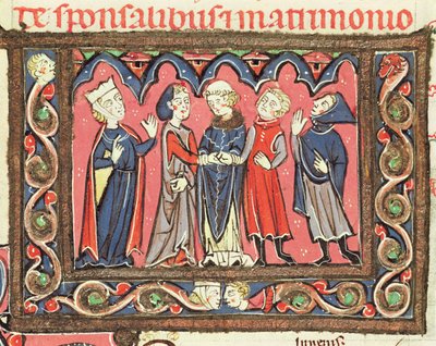 A marriage, illustration from the commentaries of Johannes Andreae on papal Decretals by French School