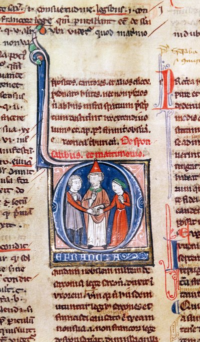 Historiated initial D depicting a marriage, from the Decretals of Gregory IX by French School