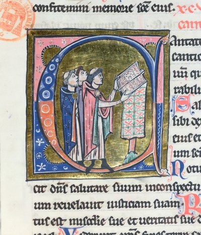 Historiated initial C depicting a monk reading a missal, from a Latin bible by French School