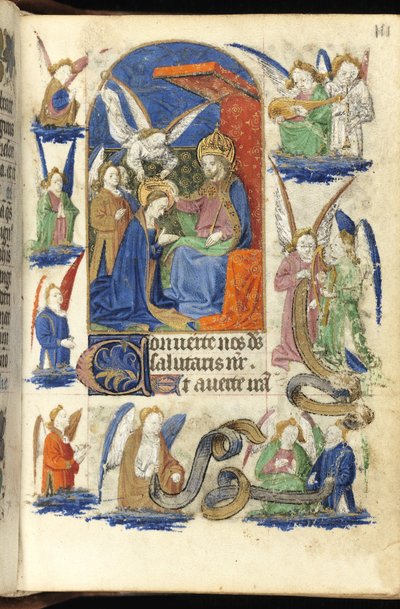 Ms 39-1950 f.111r Coronation of the Virgin (vellum) by French School