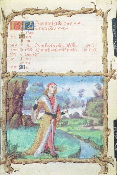 The Month of April: Gentleman Picking Flowers, from a Book of Hours, 1490 by French School