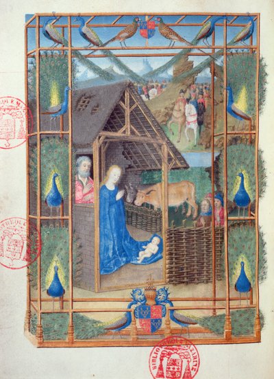 Ms 473 The Nativity with peacocks, miniature from the Heures de Charles de France, c.1466-69 by French School