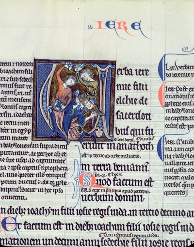 Historiated initial V depicting the stoning of the prophet Jeremiah by French School