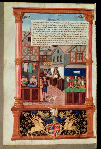 A street with shops and the coat of arms of Robert Stuart, Marshall of dAubigny Lucrece, from Livre de Gouvernement des Princes by Gilles de Rome by French School