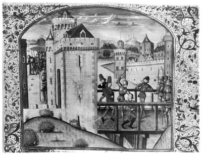The Assassination of John the Fearless (1371-1419) Duke of Burgundy on the Montereau Bridge, 10th September 1419, from the Chroniques dEnguerrand de Monstrelet (Ms 5084) by French School