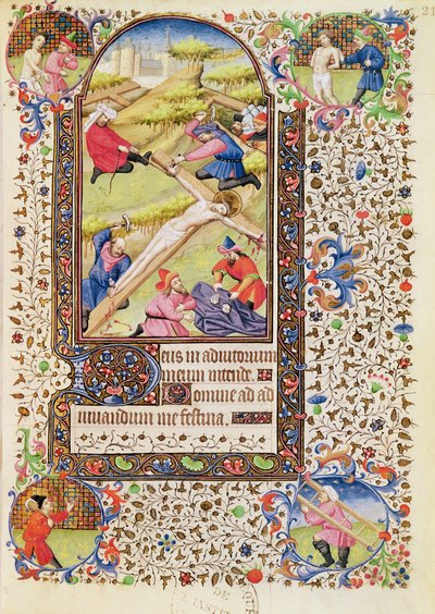 Christ being nailed to the cross, from a Book of Hours used by a woman from Poitiers by French School