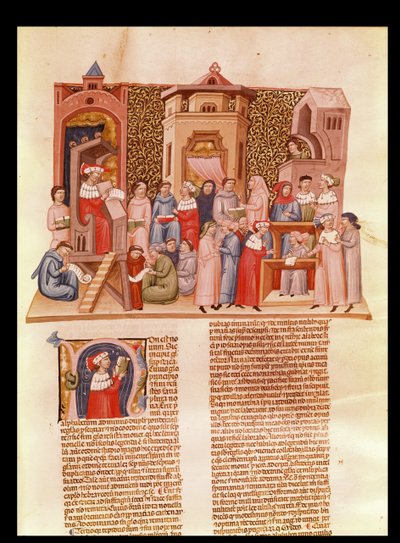 A lesson at university and a historiated initial N depicting a master, from Novela Super Sexto by Jean Andre by French School