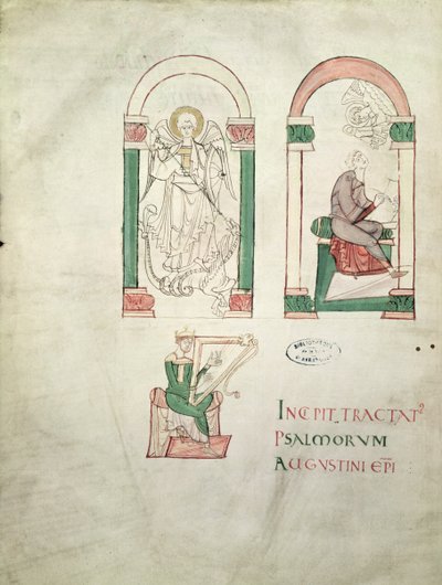 St. Michael, St. Augustine Writing and St. David Playing the Harp, frontispiece from Saint Augustin Super Psalmos by French School