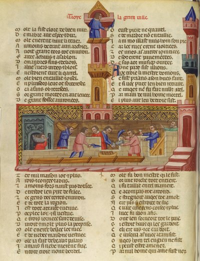 The Construction of Troy, illustration from Le Roman de Troie by Benoit de St. Marc by French School