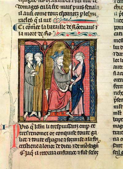 Charlemagne sending Ganelon to the Saragossan Kings, Marsile and Baligant, from the Chroniques de Saint-Denis, c.1275 by French School