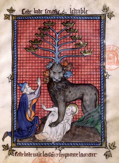 The Seven-headed Beast of the Apocalypse Venerated by a Hypocrite and Crushing a Saint, from La Somme le Roy by Frere Laurent, illuminated by Maitre Honore by French School