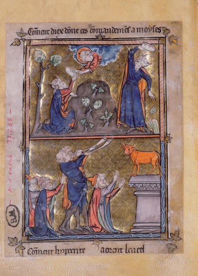 Moses on Mount Sinai and Moses and the Golden Calf, from La Somme le Roy by Frere Laurent, illuminated by Maitre Honore by French School